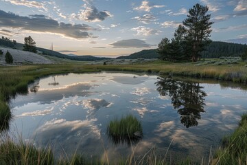 Wall Mural - Serene Sunset over Tranquil Lake in Nature. Scenic Landscape with Clouds and Reflections