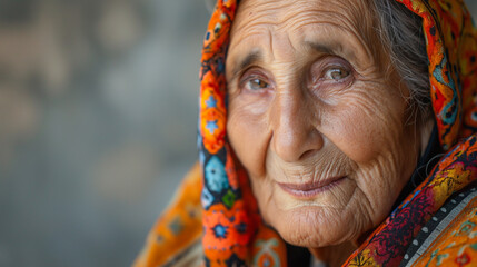 Portrait of an elderly woman with expressive eyes and traditional attire with copy space