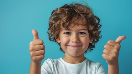 Smiling young boy giving two thumbs up against a blue background. Concept of positive attitude, happiness, and approval.