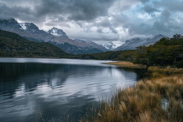 Wall Mural - Serene mountain lake reflecting cloudy sky, showcasing majestic peaks and tranquil nature. Concepts. landscape, travel, scenery, wilderness