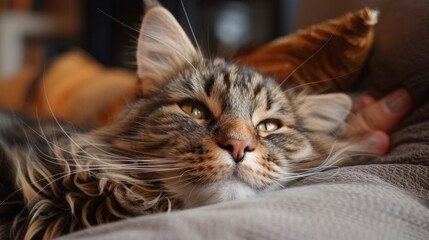 Canvas Print - A cat is laying on a bed with its head on a pillow