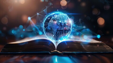 Open book with glowing Earth and network connections. Concept of global knowledge, digital learning, and online education.