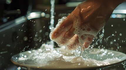 Wall Mural - A hand is washing a plate in a sink