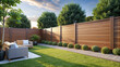 © Adisorn - A serene backyard oasis is elevated by a sleek, modern composite privacy fence with horizontal boards and a warm, earthy color scheme.