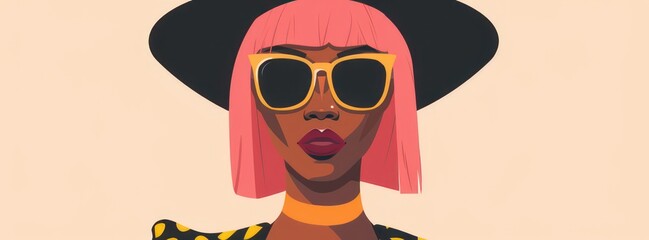 Wall Mural - A flat illustration of an African American woman with pink hair on white background.