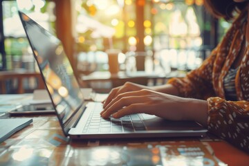 Wall Mural - Close up of hands typing on laptop with documents and smartphone working in an office or cafe.