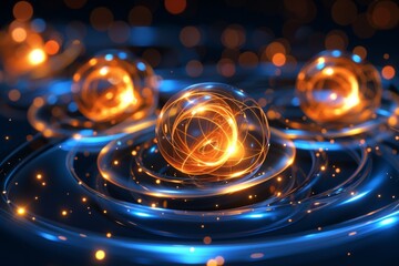 Sticker - Glowing orbs in a swirling cosmic scene, vibrant orange and blue colors, abstract representation of energy and motion, dark space background, digital illustration.