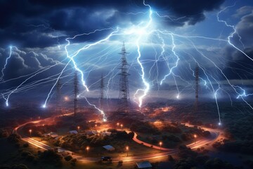 Fototapete - a city with a lot of tall towers and lights, 5G network providing lightning-fast internet