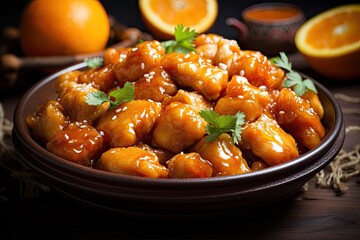 a bowl of food with chopsticks and oranges, bowl of sweet and tangy orange chicken