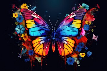 Leinwandbilder - a butterfly with colorful paint splatters on it, colorful butterfly fluttering from flower to flower