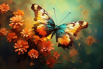Leinwandbilder - a butterfly with colorful paint splatters on it, colorful butterfly fluttering from flower to flower