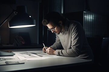 Poster - a man sitting at a desk writing on a piece of paper, creative designer crafting a visually appealing brand