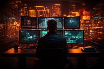 Leinwandbilder - a desk with a computer monitor and keyboard, cybersecurity software protecting against threats