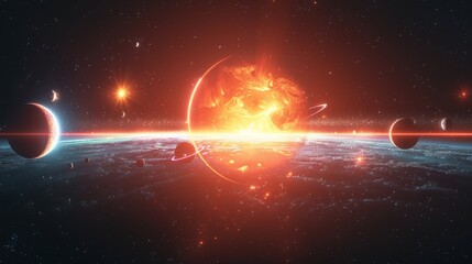 Wall Mural - planets illuminated by different light sources creating a dramatic space scene generative ai