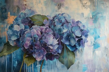 Poster - a painting of blue flowers with green leaves, hydrangea weaves its story, a tapestry of blues and purples blending seamlessly on the painted canvas