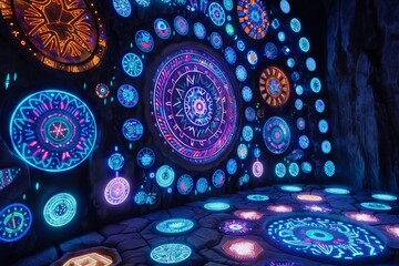 Wall Mural - Mandala patterns with neon lights, dark background, digital illustration, intricate and colorful design, spiritual and mystical ambiance.