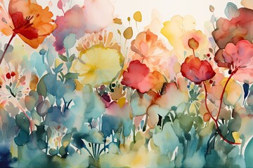 Poster - a painting of a field of flowers with a sky background, abstract watercolor garden, where imagination flourishes in vibrant blooms