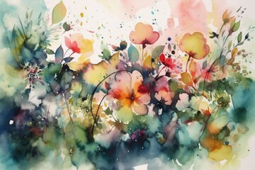 Poster - a painting of a field of flowers with a sky background, abstract watercolor garden, where imagination flourishes in vibrant blooms