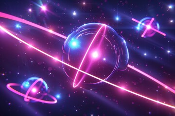 Wall Mural - Futuristic cosmic scene with neon planets and stars, vibrant colors, digital illustration, abstract and dynamic design, high-tech style.