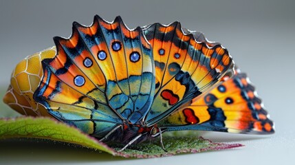 A colorful butterfly with green and orange wings is laying on a leaf