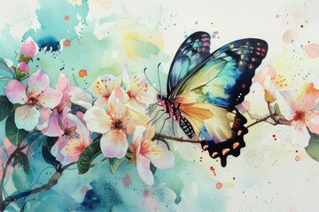 a butterfly on a branch of a tree, iridescent butterfly flits around watercolor blossoms