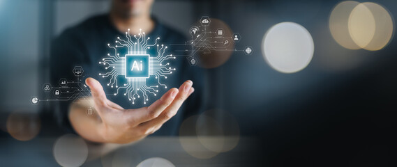 businessman using artificial intelligence (ai) technology in future business, using artificial intel