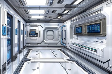 Wall Mural - Modern space station interior with high-tech equipment, digital illustration, futuristic and sleek design, abstract and dynamic style.