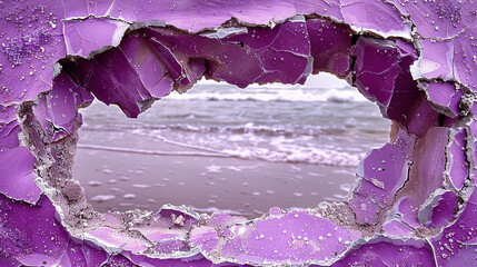 Poster -   A seagull-shaped hole in purple paint reveals a beach view