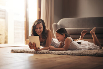 Sticker - Tablet, happy mother and kid relax in home for learning, education and game. Digital technology, mom and girl child on floor for storytelling on ebook, streaming movie and family bonding together