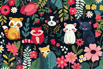 Poster - Whimsical background with animals, flowers, and characters