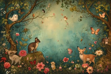 Poster - Whimsical background with animals, flowers, and characters