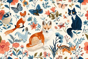 Poster - Whimsical background with animals, flowers, and characters