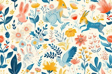 Poster - Whimsical background with animals, flowers, and characters