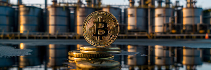 Sticker - petrochemical industry and oil and gas energy sector petrodollar agreement to BTC bitcoin and crypto, crude oil barrels production and commodity trading investment data charts wide banner