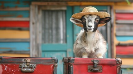   A goat in a straw hat stands near two red suitcases in front of a colorful building