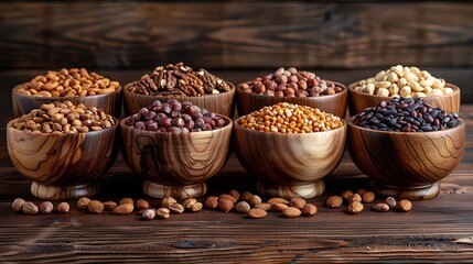 Wall Mural - **Different types of nuts in bowls on a solid background