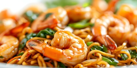 Poster - Skillfully Cooked Sizzling Shrimp Lo Mein Aromatic, Succulent, and Tantalizing. Concept Shrimp, Lo Mein, Cooking, Recipe, Aromatic