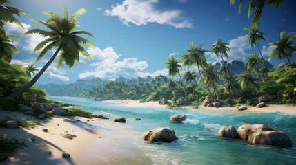 A tropical island with a treasure hunt, complete with maps, sandy beaches, and palm trees