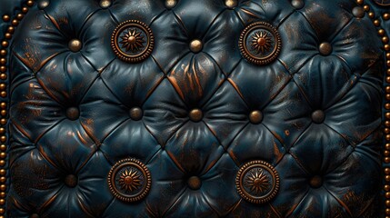 Wall Mural -   A close-up of a black leather-upholstered chair with gold rivets adorning the edges