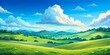Panoramic Anime Style Meadow - Serene Summer Landscape with Green Grass, Blue Sky, Colourful Horizon, and Trees