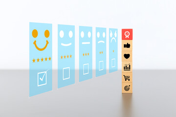Poster - Wooden block with customer service smile face icon for best excellent satisfaction survey feedback for business review rating or finance digital marketing poll or user comment concepts.