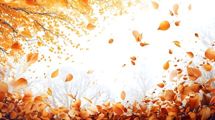 Poster - Serene Autumn Landscape with Golden Leaves Falling from Trees on White Background