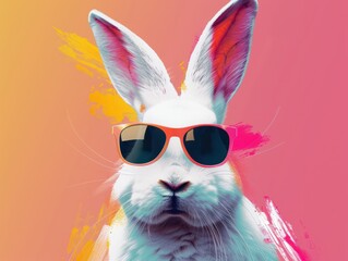 Abstract clip-art of White Rabbit wearing trendy sunglasses. Contemporary colourful background. Copy space. Summer minimalism. For posters, planners, web, landing page, illustration. AI image.