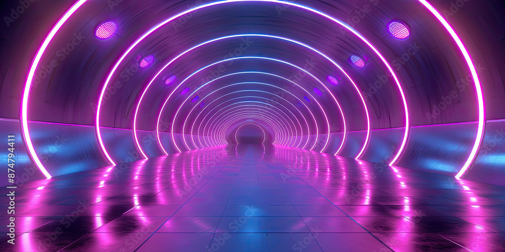 3d render, abstract geometric neon background, pink blue vivid light ...