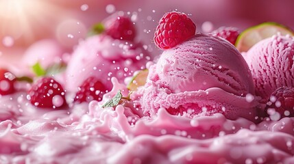   A scoop of ice cream topped with raspberries and a lime slice, surrounded by ice cream and raspberries