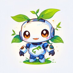 Sticker - chibi robot and leaf