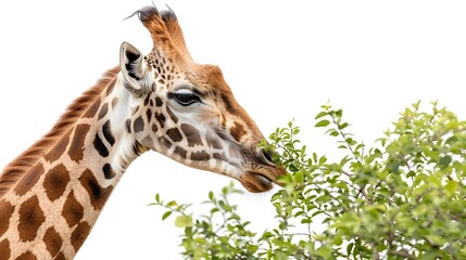 Canvas Print - A majestic giraffe gracefully eating leaves from a tall tree against a white background