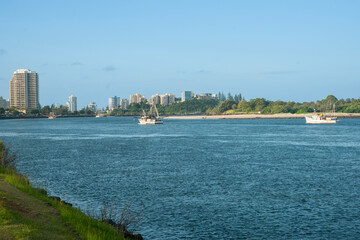 Sticker - Tweed River and city with prawn boats heading out,