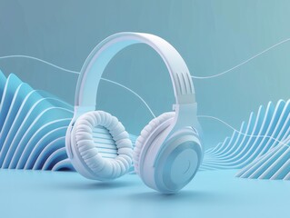 Wall Mural - a 3d model of a white headphones on a blue background with sound waves, in the style of web banner.