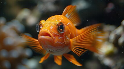 Wall Mural -   A macro shot of a goldfish in an aquarium, appearing startled as it gazes into the camera lens